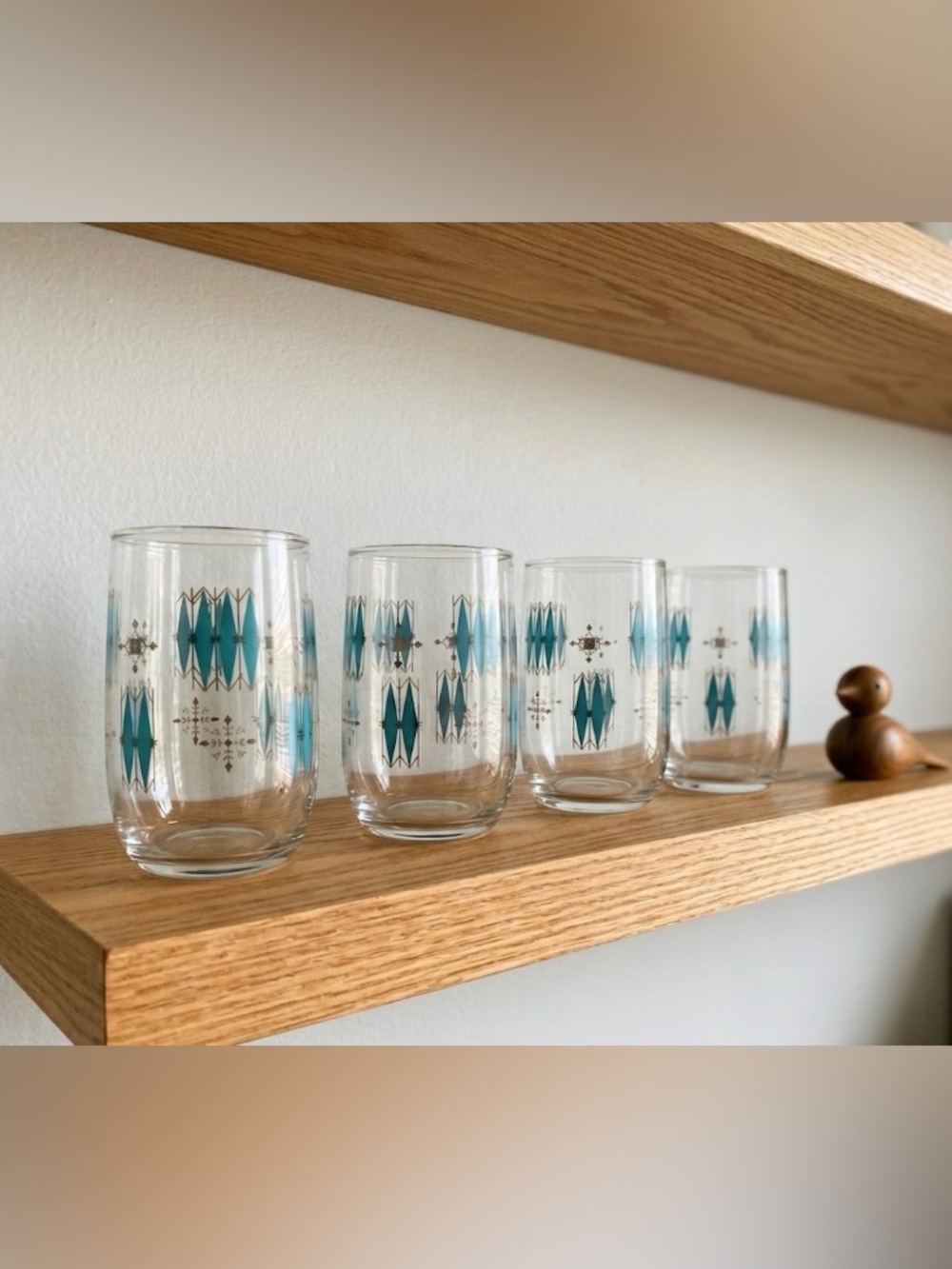 Vintage Mid-Century Modern Atomic Teal & Black Geometric Juice Glasses Set Of 4